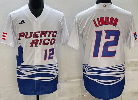 Men's Puerto Rico #12 Francisco Lindor White Player Number 2023 World Baseball Classic Cool Base Jersey