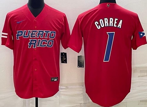 Men's Puerto Rico #1 Carlos Correa Red 2023 World Baseball Classic Cool Base Jersey