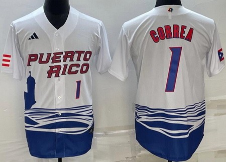 Men's Puerto Rico #1 Carlos Correa White Player Number 2023 World Baseball Classic Cool Base Jersey