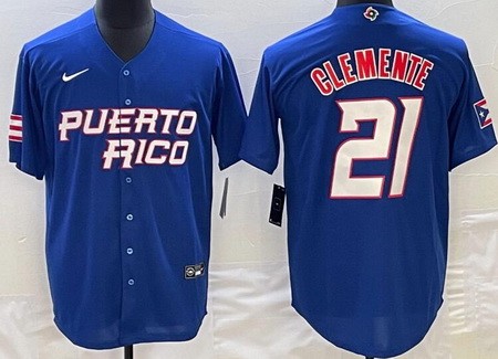 Men's Puerto Rico #21 Roberto Clemente Blue 2023 World Baseball Classic Cool Base Jersey