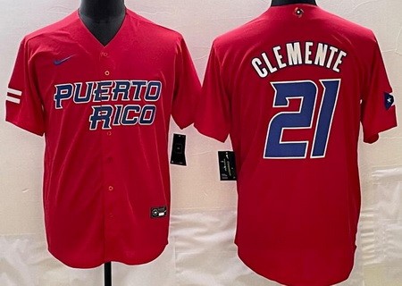 Men's Puerto Rico #21 Roberto Clemente Red 2023 World Baseball Classic Cool Base Jersey
