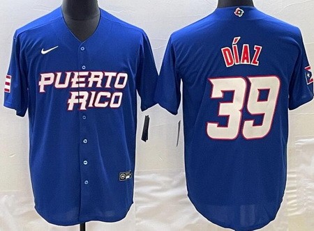 Men's Puerto Rico #39 Edwin Diaz Blue 2023 World Baseball Classic Cool Base Jersey