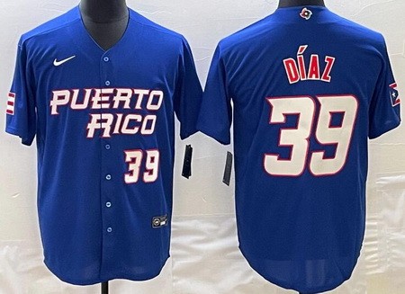 Men's Puerto Rico #39 Edwin Diaz Blue Playe Number 2023 World Baseball Classic Cool Base Jersey