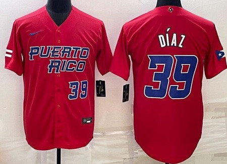 Men's Puerto Rico #39 Edwin Diaz Red Playe Number 2023 World Baseball Classic Cool Base Jersey