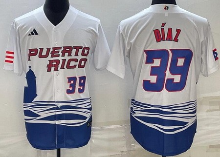 Men's Puerto Rico #39 Edwin Diaz White Playe Number 2023 World Baseball Classic Cool Base Jersey