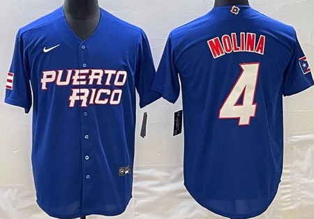 Men's Puerto Rico #4 Yadier Molina Blue 2023 World Baseball Classic Cool Base Jersey