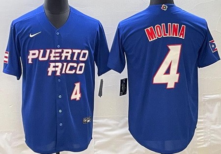 Men's Puerto Rico #4 Yadier Molina Blue Playe Number 2023 World Baseball Classic Cool Base Jersey