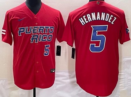 Men's Puerto Rico #5 Enrique Hernandez Red Player Number 2023 World Baseball Classic Cool Base Jersey