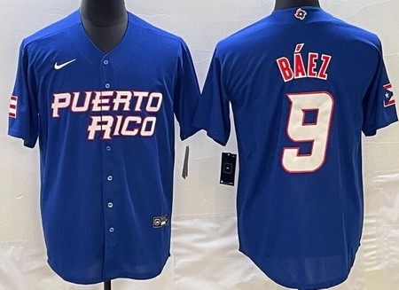 Men's Puerto Rico #9 Javier Baez Blue 2023 World Baseball Classic Cool Base Jersey