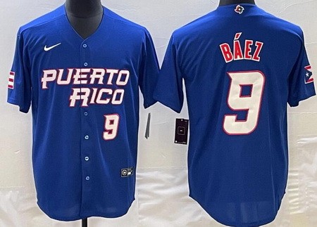 Men's Puerto Rico #9 Javier Baez Blue Player Number 2023 World Baseball Classic Cool Base Jersey