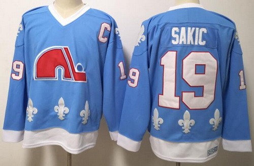 Men's Quebec Nordiques #19 Joe Sakic Light Blue Throwback Jersey