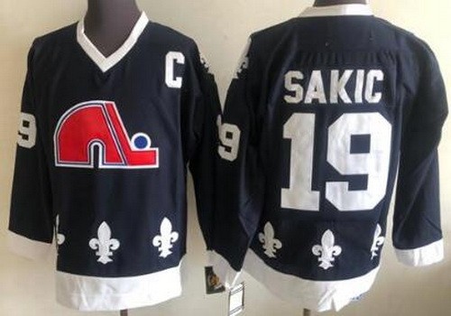 Men's Quebec Nordiques #19 Joe Sakic Navy Throwback Jersey