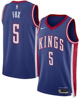 Men's Sacramento Kings #5 De'Aaron Fox Blue 2024 City Heat Press Jersey