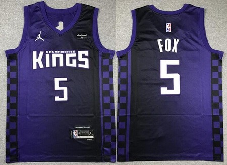Men's Sacramento Kings #5 De'Aaron Fox Purple Black Statement Icon Sponsor Swingman Jersey
