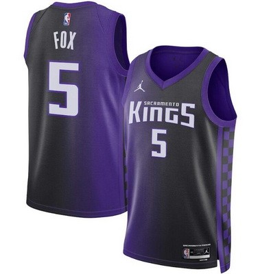 Men's Sacramento Kings #5 De'Aaron Fox Purple Statement Icon Heat Press Jersey