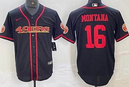 Men's San Francisco 49ers #16 Joe Montana Black 2023 Baseball Jersey