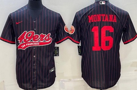 Men's San Francisco 49ers #16 Joe Montana Black Stripes Baseball Jersey