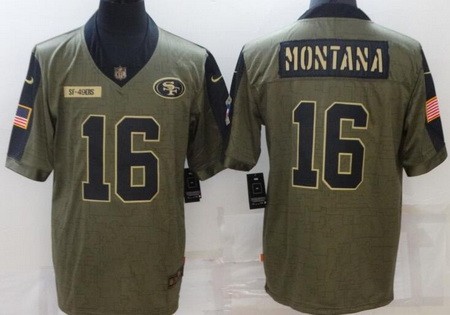 Men's San Francisco 49ers #16 Joe Montana Limited Olive 2021 Salute To Service Jersey