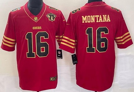 Men's San Francisco 49ers #16 Joe Montana Red Gold 75the Vapor Jersey