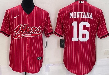Men's San Francisco 49ers #16 Joe Montana Red Stripes Baseball Jersey
