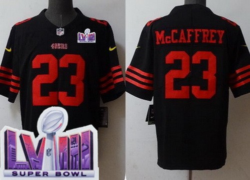 Men's San Francisco 49ers #23 Christian McCaffrey Limited Black LVIII Super Bowl Vapor Jersey
