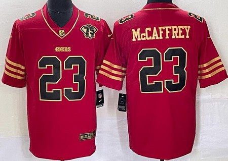 Men's San Francisco 49ers #23 Christian McCaffrey Limited Red Gold 75th Vapor Jersey