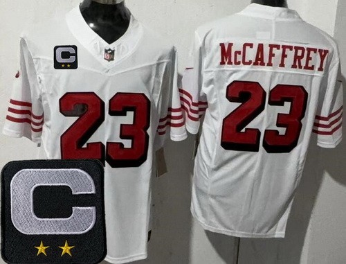Men's San Francisco 49ers #23 Christian McCaffrey Limited White Alternate 2025 Captain Patch FUSE Vapor Jersey