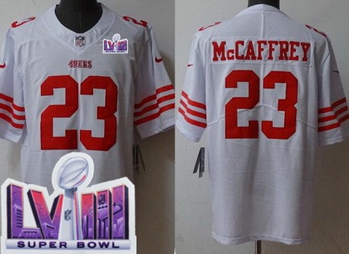 Men's San Francisco 49ers #23 Christian McCaffrey Limited White LVIII Super Bowl Vapor Jersey