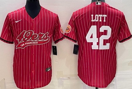 Men's San Francisco 49ers #42 Ronnie Lott Limited Red Stripes Baseball Jersey