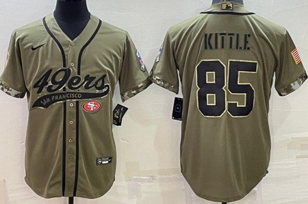 Men's San Francisco 49ers #85 George Kittle Limited Olive 2022 Salute To Service Baseball Jersey