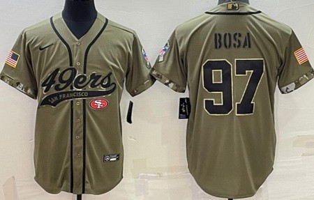 Men's San Francisco 49ers #97 Nick Bosa Limited Olive 2022 Salute To Service Baseball Jersey