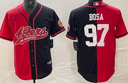 Men's San Francisco 49ers #97 Nick Bosa Limited Red Black Split Baseball Jersey