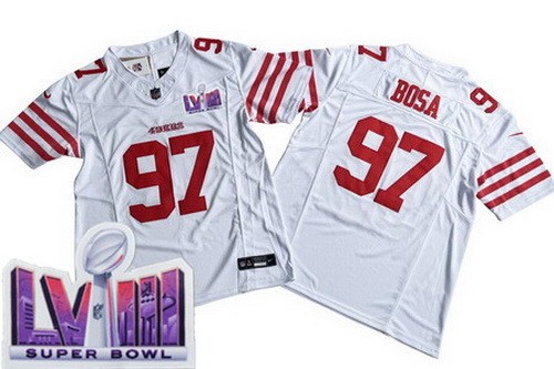 Men's San Francisco 49ers #97 Nick Bosa Limited White FUSE LVIII Super Bowl Vapor Jersey