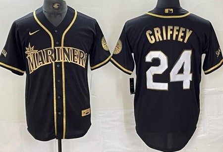 Men's Seattle Mariners #24 Ken Griffey Black Gold Cool Base Jersey