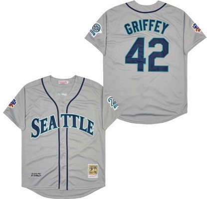 Men's Seattle Mariners #42 Ken Griffey Gray Throwback Jersey