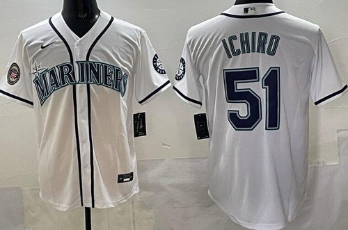 Men's Seattle Mariners #51 Ichiro Suzuki White Hall of Fame Cool Base Jersey