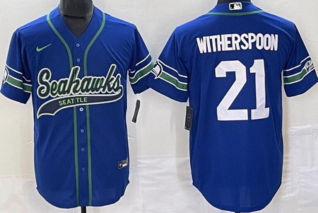 Men's Seattle Seahawks #21 Devon Witherspoon Limited Blue Throwback Baseball Jersey