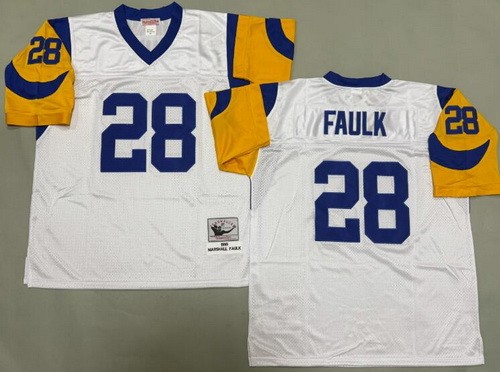 Men's St Louis Rams #28 Marshall Faulk White 1999 Throwback Jersey