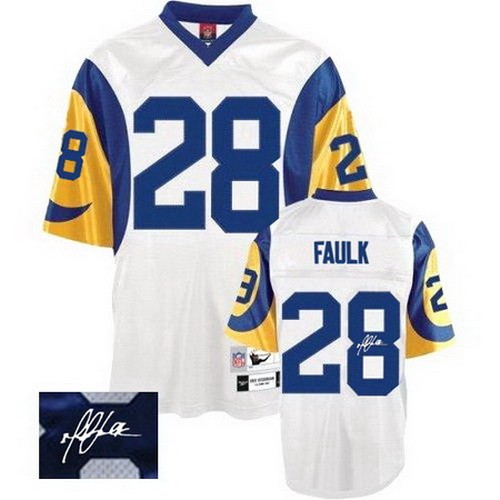Men's St Louis Rams #28 Marshall Faulk White Signature 1999 Throwback Jersey