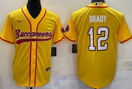 Men's Tampa Bay Buccaneers #12 Tom Brady Yellow Baseball Jersey