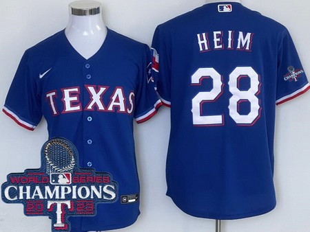 Men's Texas Rangers #28 Jonah Heim Royal Team Logo 2023 World Series Champions Cool Base Jersey