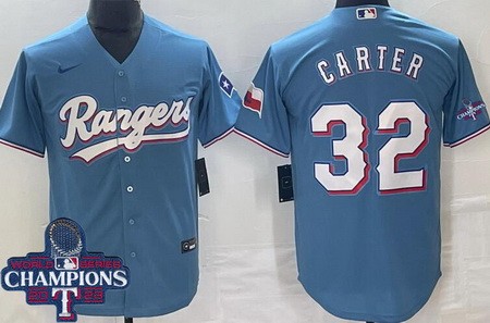 Men's Texas Rangers #32 Evan Carter Light Blue Team Logo 2023 World Series Champions Cool Base Jersey