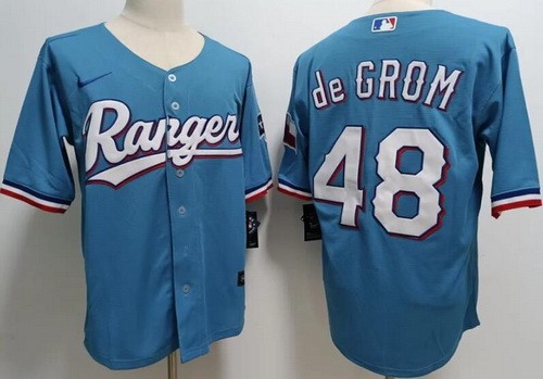 Men's Texas Rangers #48 Jacob deGrom Light Blue Team Logo Cool Base Jersey