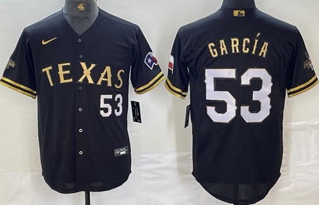 Men's Texas Rangers #53 Adolis Garcia Black Gold Player Number Cool Base Jersey