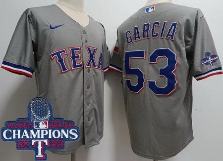 Men's Texas Rangers #53 Adolis Garcia Gray Team Logo 2023 World Series Champions Cool Base Jersey
