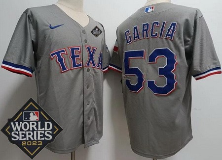 Men's Texas Rangers #53 Adolis Garcia Gray Team Logo 2023 World Series Cool Base Jersey