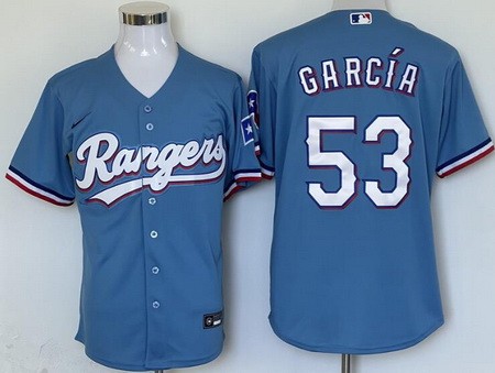 Men's Texas Rangers #53 Adolis Garcia Light Blue Team Logo Cool Base Jersey