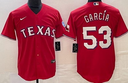 Men's Texas Rangers #53 Adolis Garcia Red Team Logo Cool Base Jersey