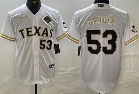 Men's Texas Rangers #53 Adolis Garcia White Gold 2023 World Series Player Number Cool Base Jersey