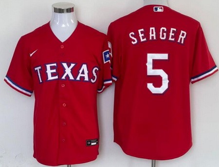 Men's Texas Rangers #5 Corey Seager Red Team Logo Cool Base Jersey